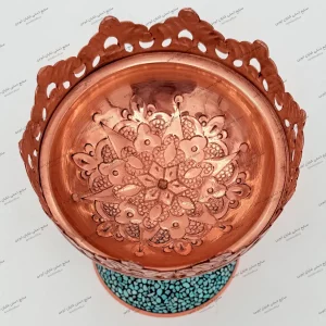 آجیل‌خوری فیروزه دست‌ساز از مس کرمان با سنگ فیروزه نیشابور کیمری ارتفاع ۱۱ سانتی‌متر نمای بالا