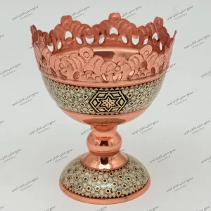 آجیل‌خوری خاتم شال‌دار ممتاز دست‌ساز از مس کرمان با استخوان شتر و چوب گردو ارتفاع ۱۳ سانتی‌متر