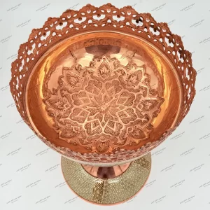آجیل‌خوری خاتم شال‌دار ممتاز دست‌ساز از مس کرمان با استخوان شتر و چوب گردو ارتفاع 34 سانتی‌متر نمای بالا