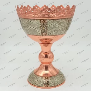 آجیل‌خوری خاتم شال‌دار ممتاز دست‌ساز از مس کرمان با استخوان شتر و چوب گردو ارتفاع 34سانتی‌متر