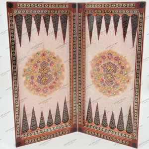 تخته نرد خاتم تخمه‌دار دست‌ساز از چوب کبوده با نقاشی استادانه و استخوان شتر ارتفاع ۴۹ سانتی‌متر