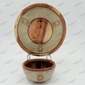 ست بشقاب و کاسه چوبی خاتم شال‌دار ممتاز ساخته شده از چوب گردو با نقوش سنتی ایرانی