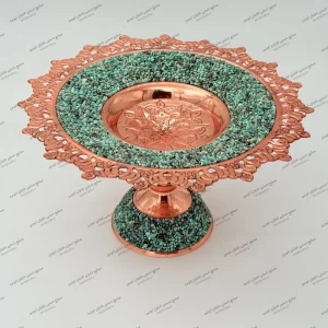 شیرینی‌خوری فیروزه‌کوب مس کرمان با سنگ فیروزه نیشابور طرح جنگلی صنایع دستی ایوبی نمای بالا