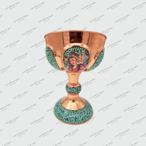 سنگاب فیروزه‌کوب پایه‌دار مسی با سنگ فیروزه نیشابور و نقاشی مینیاتور صنایع دستی شایان ایوبی