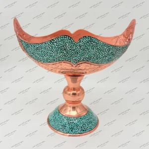 کشکول فیروزه‌کوب ۲۵ سانتی ساخته شده از مس کرمان با سنگ فیروزه نیشابور صنایع دستی شایان ایوبی