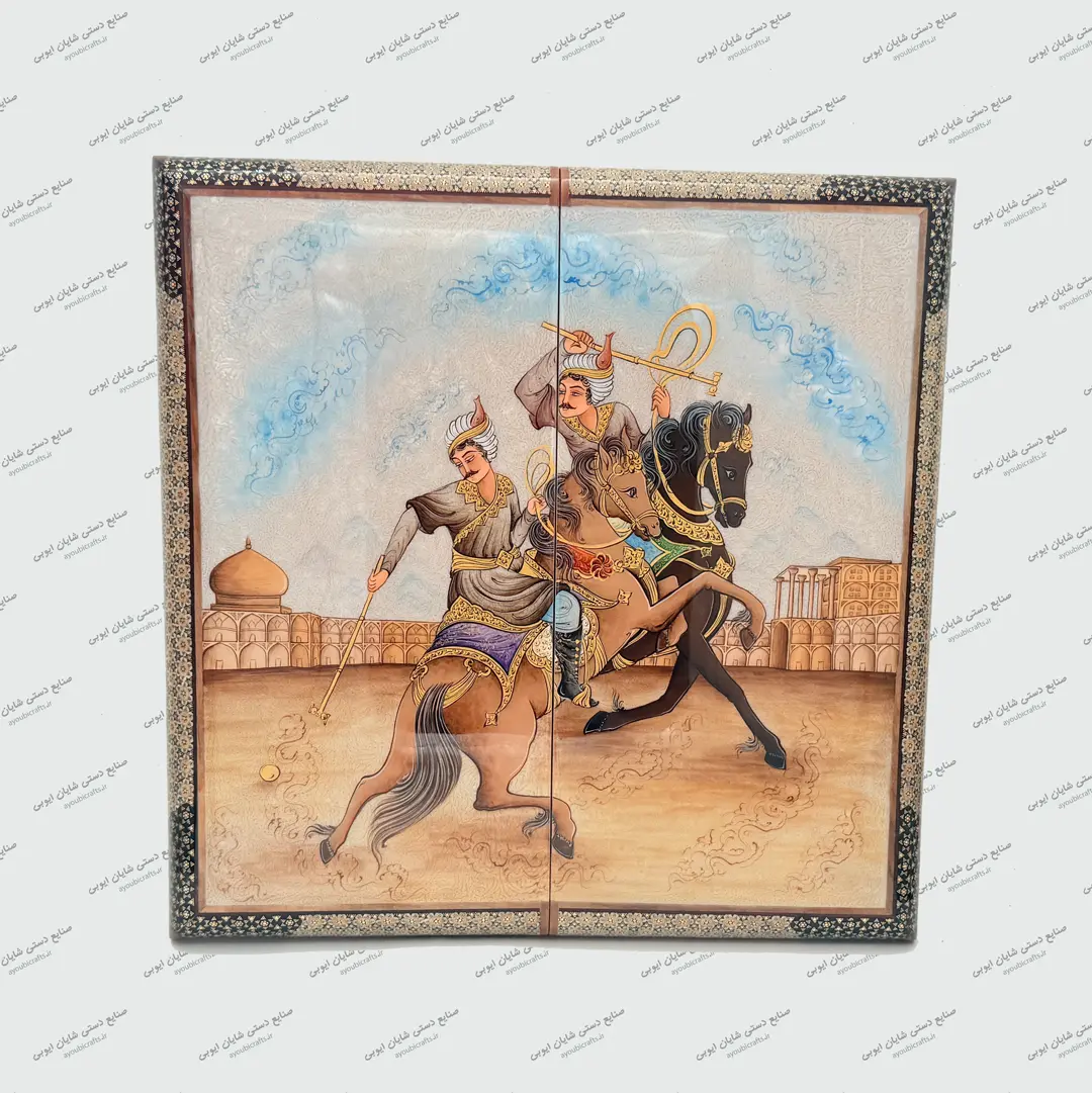 تخته نرد خاتم دستساز چوب کبوده با خاتم تخمهدار صنایع دستی شایان ایوبی ارتفاع ۵۰ سانتیمتر عرض ۵۰ سانتیمتر