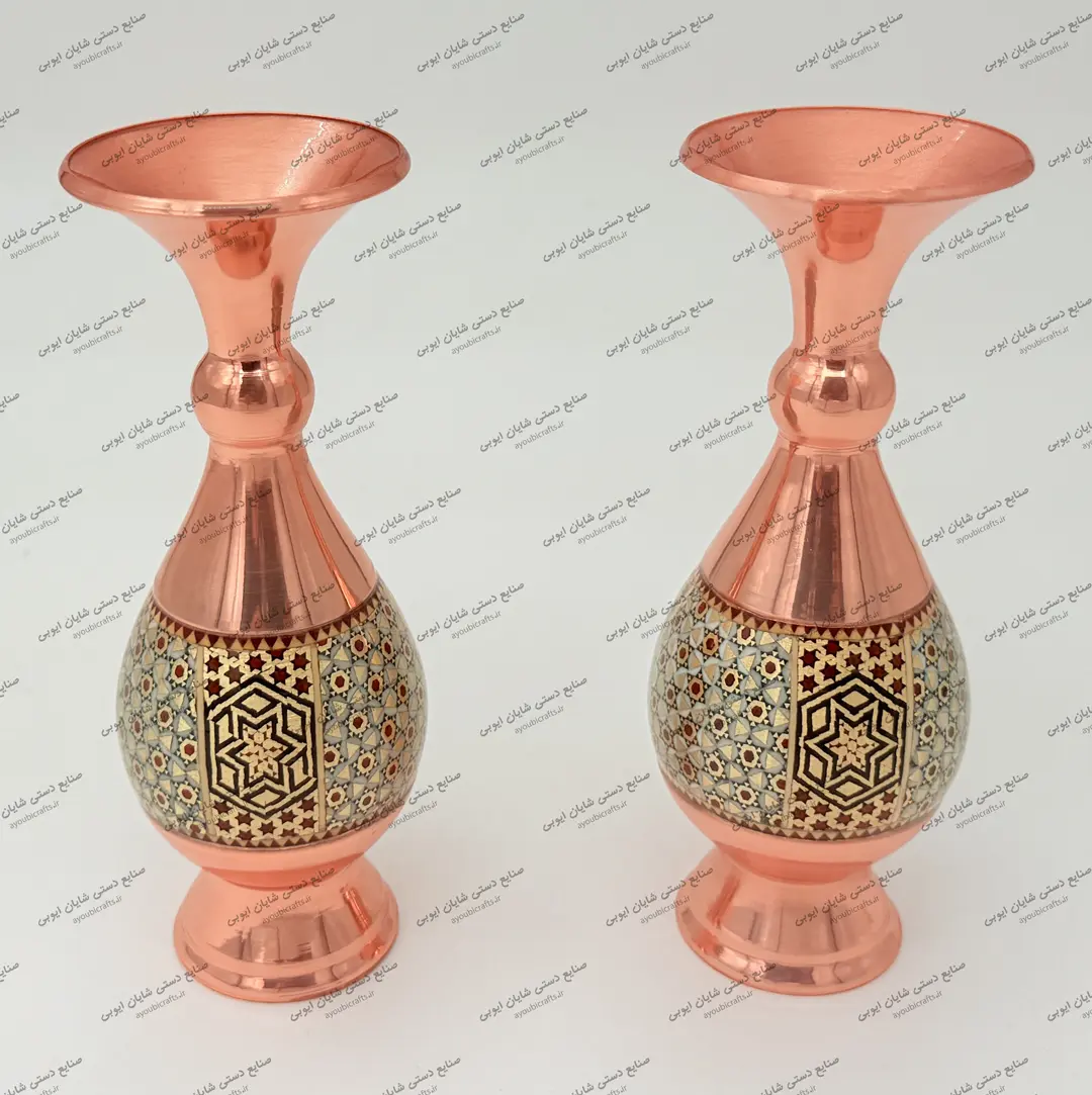 گلدان صراحی خاتم کاری مس کرمان سایز ۱۶ دست‌ساز با خاتم شال‌دار ممتاز
