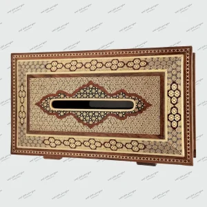 جعبه دستمال کاغذی خاتم مدل کلبه‌ای دست‌ساز از چوب با طرح صلیبی و شش خورشیدی نمای بالا