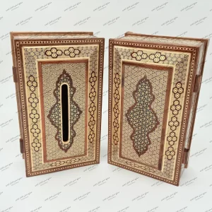 ست جا دستمال کاغذی و جا کارد و چنگال چوبی با خاتم سلیبی دست‌ساز صنایع دستی ایوبی