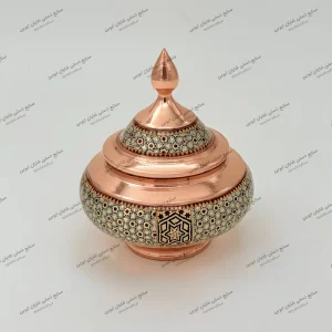 قندان سفینه‌ای خاتم کاری دست‌ساز از مس کرمان با خاتم شال‌دار ممتاز