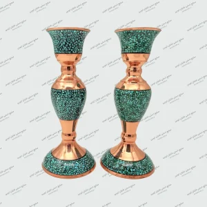 شمعدان فیروزه کوب ۲۰ سانتی مس کرمان با سنگ فیروزه نیشابور صنایع دستی شایان ایوبی