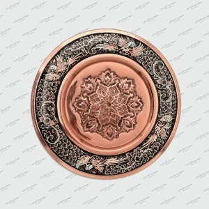 سینی سرویس شراب مسی الماس‌تراش با آب نقره صنایع دستی ایوبی عرض ۲۸ سانتی‌متر