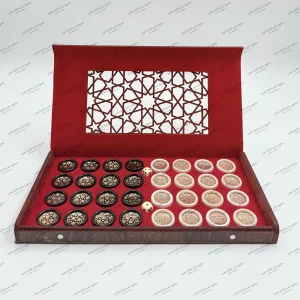 مهره تخته نرد خاتم کاری سایز ۵۰ با جعبه چوبی و تاس پلاستیک فشرده – صنایع دستی شایان ایوبی