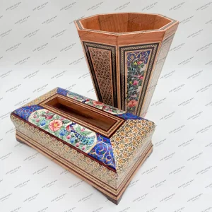 ست جا دستمال کاغذی و سطل خاتم تخمه‌دار با نقاشی گل و مرغ برجسته – صنایع دستی شایان ایوبی