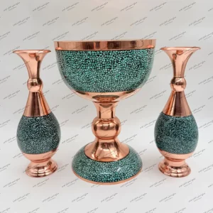 ست سنگاب و گلدان فیروزه کاری مس با سنگ فیروزه نیشابور ۲۸ و ۲۵ سانتی – صنایع دستی شایان ایوبی