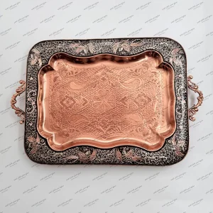 سینی الماس تراش آب نقره مس کرمان ۳۴ در ۴۳ سانتی‌متر پایه‌دار – صنایع دستی شایان ایوبی